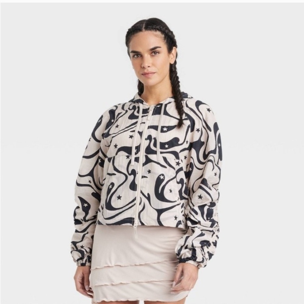 JoyLab‎ -928 Women's Windbreaker Jacket Packable Hooded Swirl Star Print XS